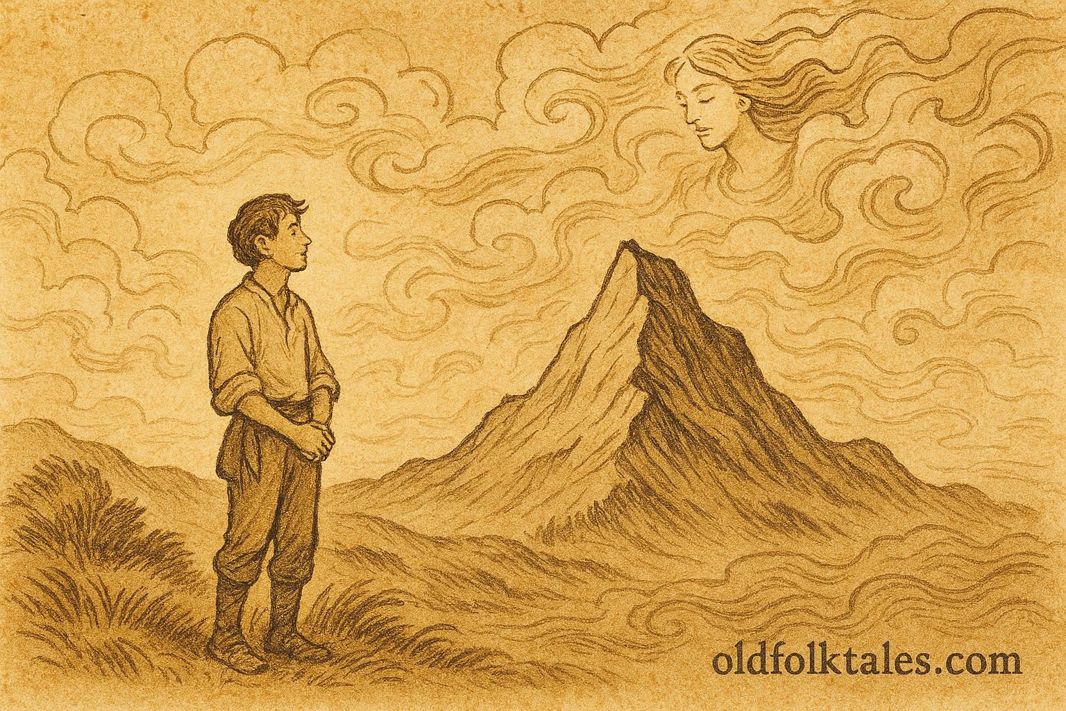 Parchment-style illustration of a young man seeking wisdom from a sacred mountain, Mexican folktale.