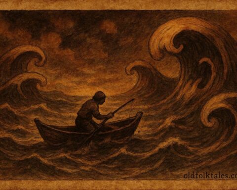 A fisherman facing a stormy sea in a Carib Indigenous folklore scene.