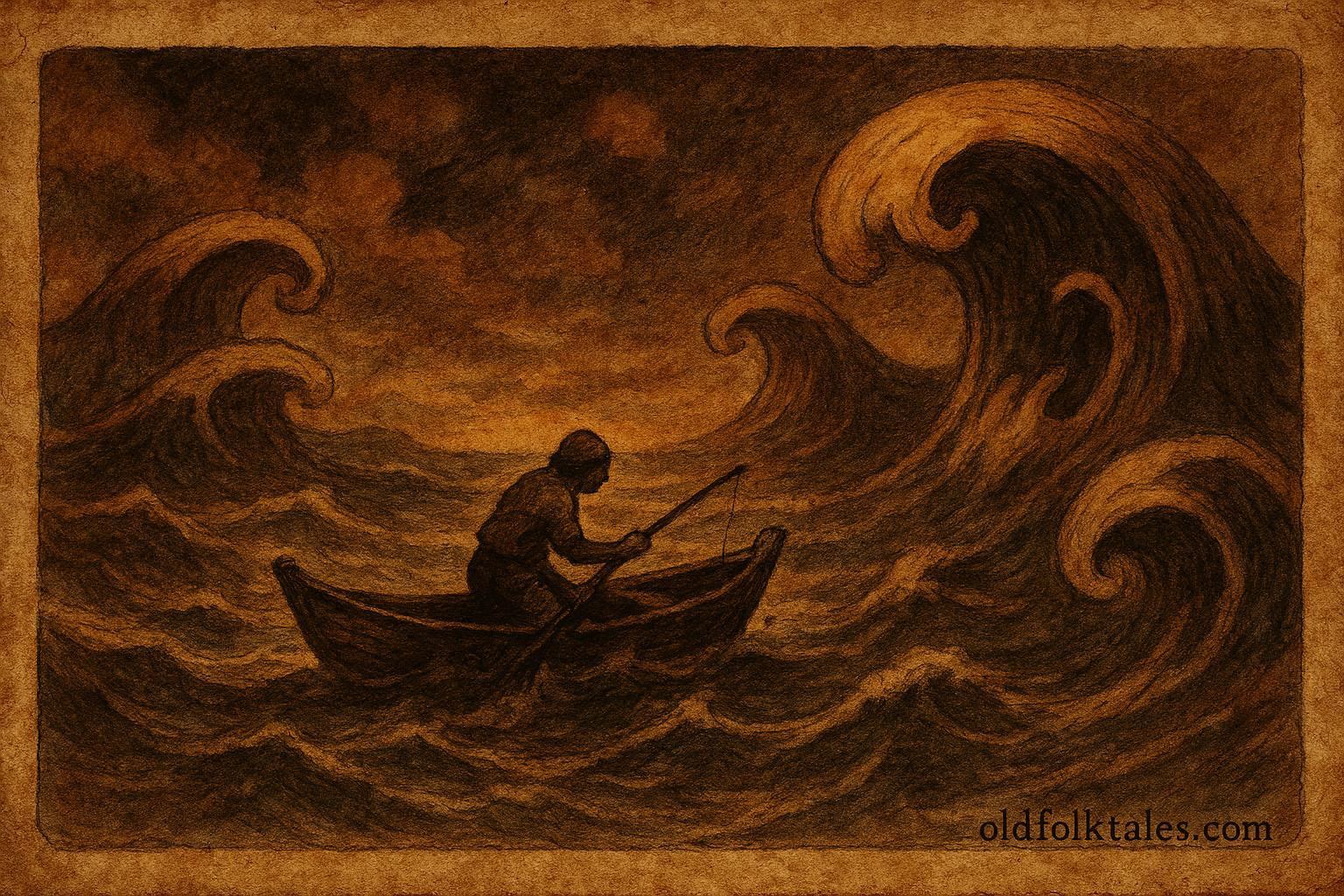 A fisherman facing a stormy sea in a Carib Indigenous folklore scene.