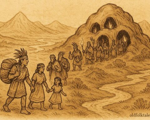 Parchment-style illustration of Aztec tribes leaving Chicomoztoc caves, Mexico.