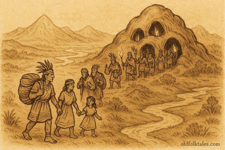 Parchment-style illustration of Aztec tribes leaving Chicomoztoc caves, Mexico.