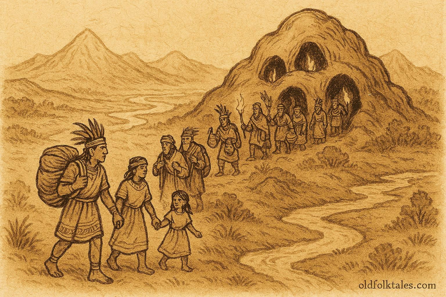 Parchment-style illustration of Aztec tribes leaving Chicomoztoc caves, Mexico.