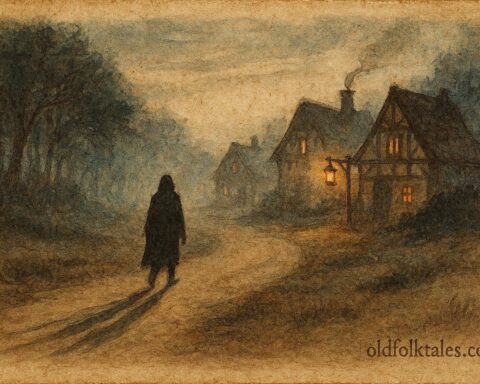 A mysterious shadow following a traveler at dusk, French-Canadian folktale scene.