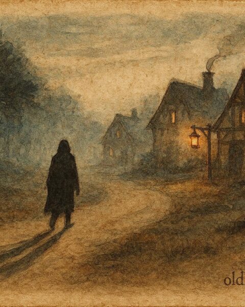 A mysterious shadow following a traveler at dusk, French-Canadian folktale scene.