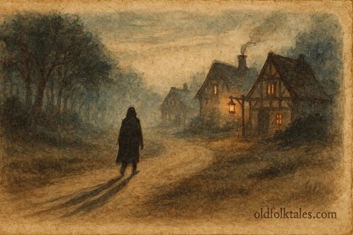 A mysterious shadow following a traveler at dusk, French-Canadian folktale scene.