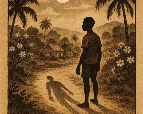 Parchment-style artwork of Kofi confronting his restless silver shadow at night, Afro-Caribbean folklore.