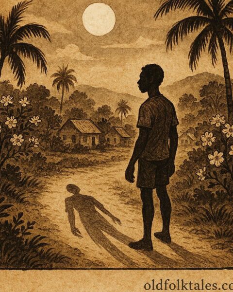 Parchment-style artwork of Kofi confronting his restless silver shadow at night, Afro-Caribbean folklore.