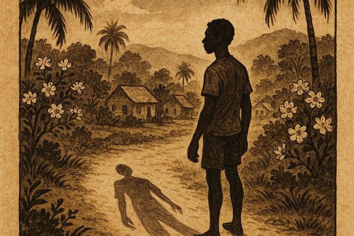 Parchment-style artwork of Kofi confronting his restless silver shadow at night, Afro-Caribbean folklore.