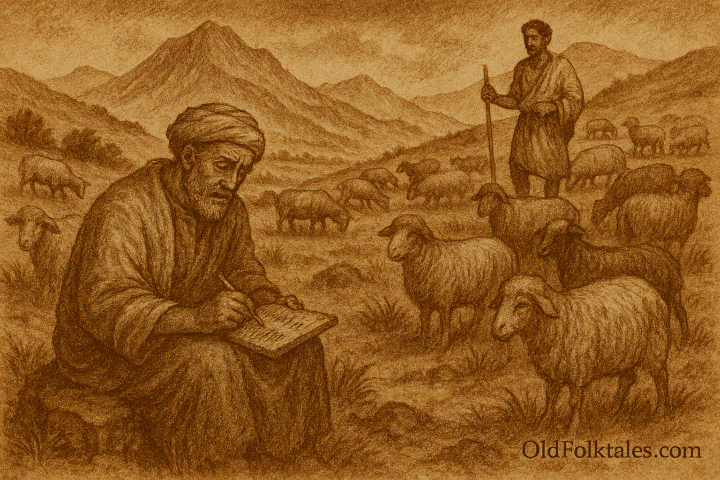 Sepia-toned illustration on aged rice parchment depicting two Ethiopian shepherds in the highlands. On the left, a younger shepherd sits on a rock, intensely focused as he marks tally lines on a wooden tablet, surrounded by sheep with dull wool and tired eyes. On the right, an older shepherd stands calmly with a staff, observing his smaller flock grazing on golden grass. He gently touches a sheep that stands apart, showing concern. The background features dramatic plateaus, distant juniper trees, and a sky transitioning from clear to stormy over the younger shepherd’s side. “OldFolktales.com” is inscribed at the bottom right.
