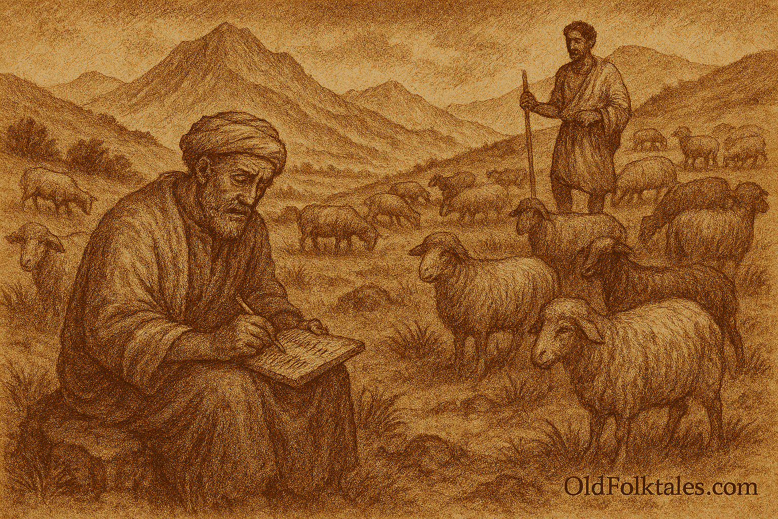 Sepia-toned illustration on aged rice parchment depicting two Ethiopian shepherds in the highlands. On the left, a younger shepherd sits on a rock, intensely focused as he marks tally lines on a wooden tablet, surrounded by sheep with dull wool and tired eyes. On the right, an older shepherd stands calmly with a staff, observing his smaller flock grazing on golden grass. He gently touches a sheep that stands apart, showing concern. The background features dramatic plateaus, distant juniper trees, and a sky transitioning from clear to stormy over the younger shepherd’s side. “OldFolktales.com” is inscribed at the bottom right.