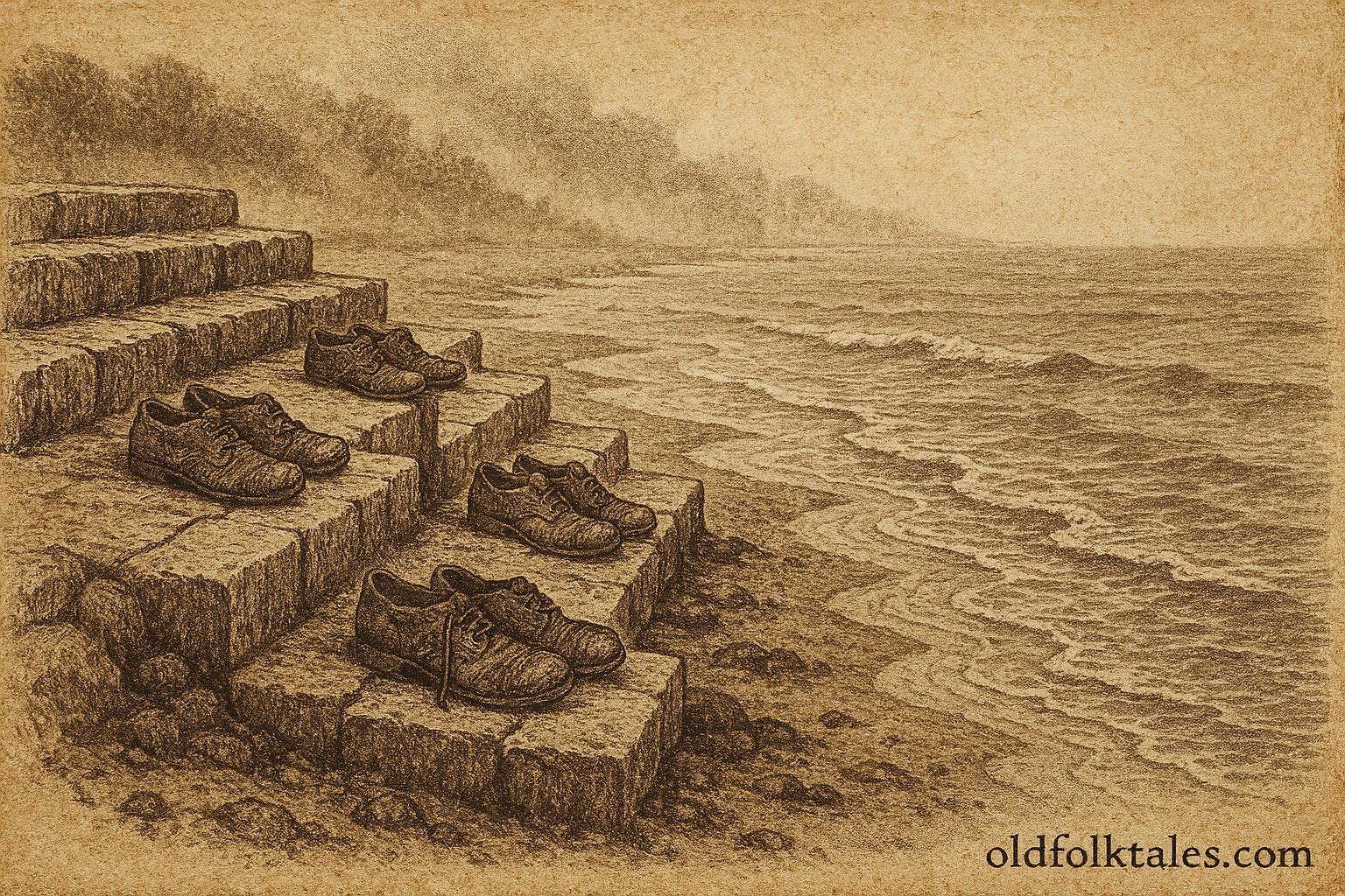 illustration of abandoned shoes on tidal steps, Maritime folklore from Nova Scotia.