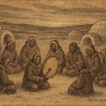 An Inuit winter camp with a sacred drum, Arctic Canada folklore.