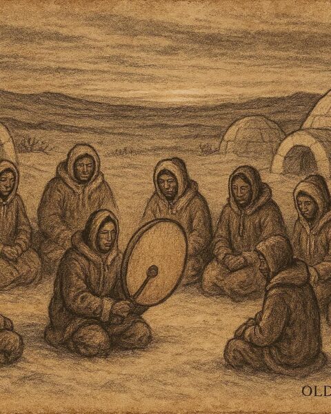 An Inuit winter camp with a sacred drum, Arctic Canada folklore.