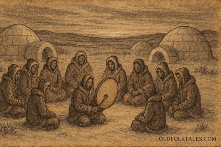 An Inuit winter camp with a sacred drum, Arctic Canada folklore.