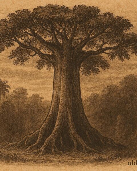 Parchment style illustration of the Silk Cotton tree with spirits, Trinidadian folktale scene.