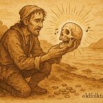 Parchment-style illustration of a man and a singing skull, Afro-Venezuelan folktale.