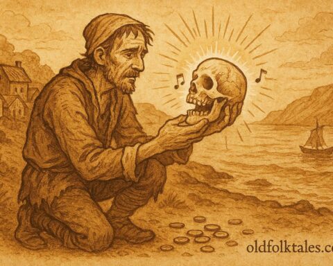 Parchment-style illustration of a man and a singing skull, Afro-Venezuelan folktale.