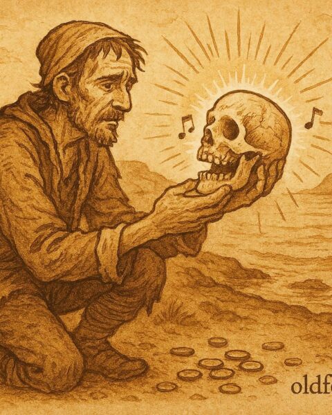 Parchment-style illustration of a man and a singing skull, Afro-Venezuelan folktale.