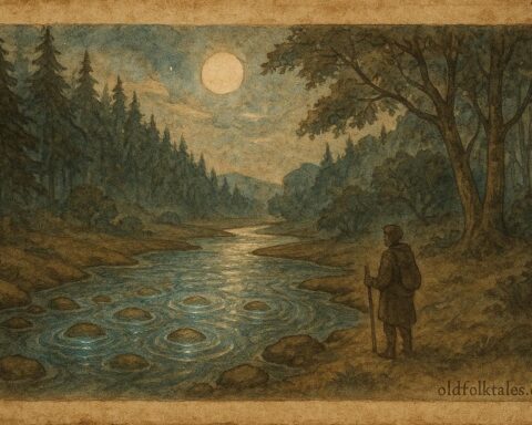 A glowing stones singing in a moonlit Quebec river, French-Canadian folktale scene.