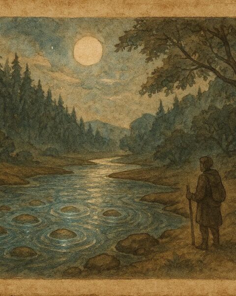 A glowing stones singing in a moonlit Quebec river, French-Canadian folktale scene.
