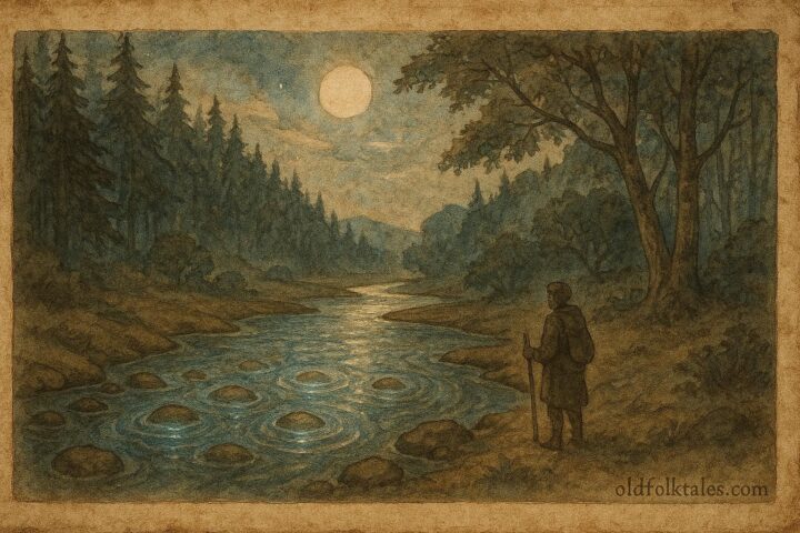 A glowing stones singing in a moonlit Quebec river, French-Canadian folktale scene.