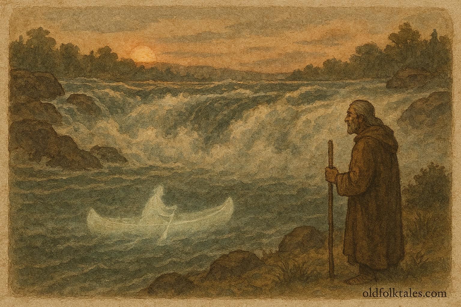 A spirit canoe beneath rapids, Atikamekw First Peoples folktale from Canada.