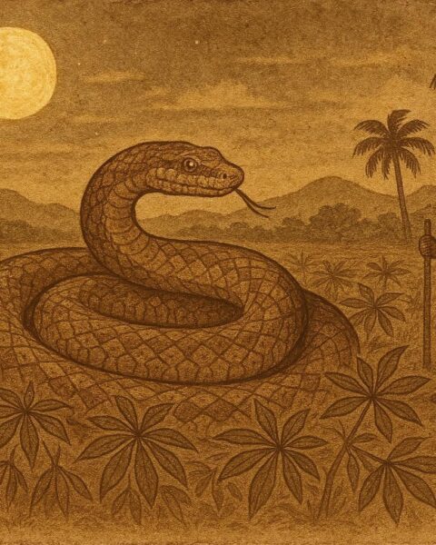 A snake guarding cassava fields in Taíno Caribbean folklore