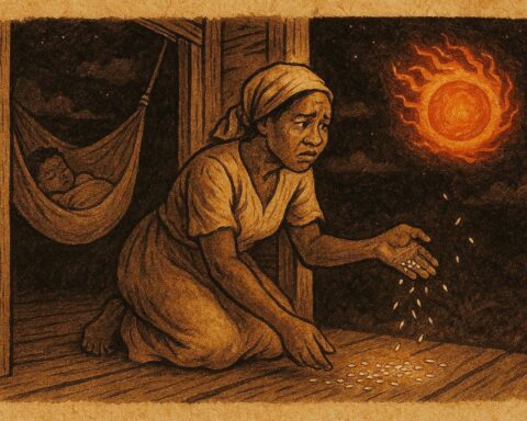 Parchment-style illustration of a mother scattering rice to ward off a Soucouyant fireball, a protective scene from Trinidadian vampire folklore.