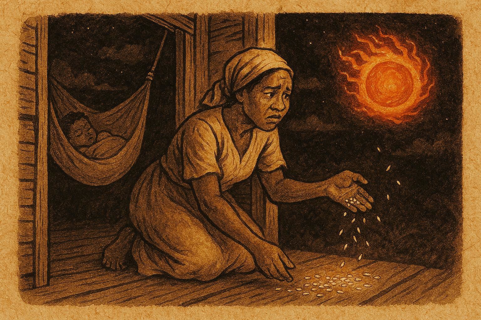Parchment-style illustration of a mother scattering rice to ward off a Soucouyant fireball, a protective scene from Trinidadian vampire folklore.
