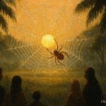 A spider capturing sunlight in its web, Taíno Caribbean folklore scene.