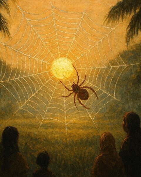 A spider capturing sunlight in its web, Taíno Caribbean folklore scene.