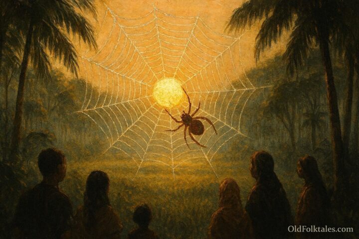 A spider capturing sunlight in its web, Taíno Caribbean folklore scene.