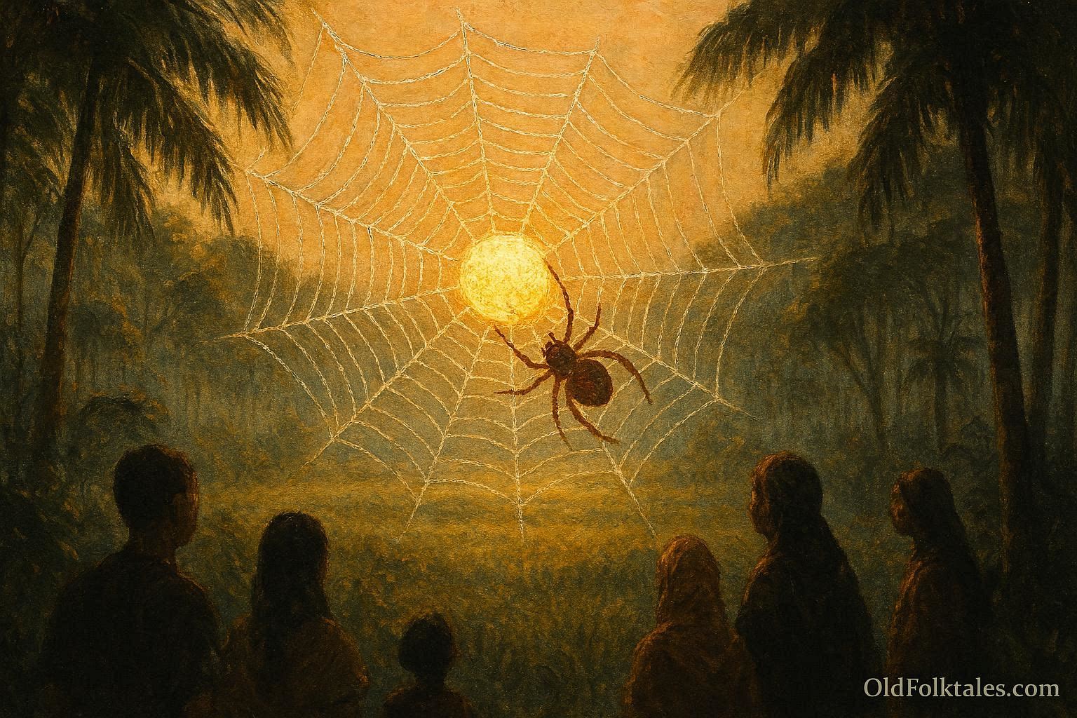 A spider capturing sunlight in its web, Taíno Caribbean folklore scene.