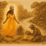 Parchment-style illustration of Oxum restoring the river, Brazilian folktale scene.