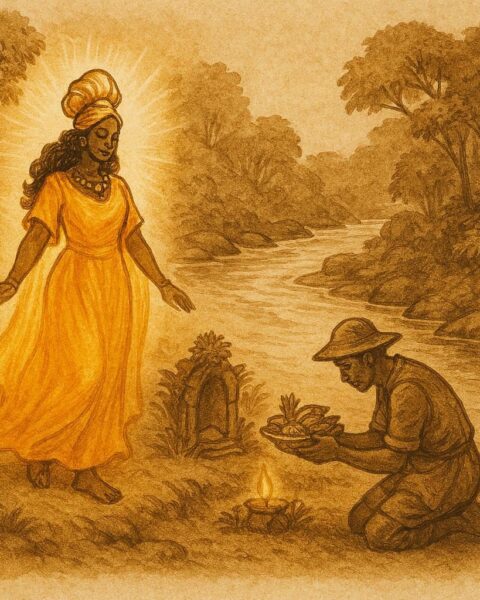 Parchment-style illustration of Oxum restoring the river, Brazilian folktale scene.