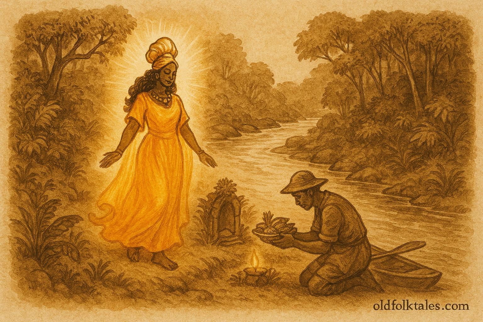 Parchment-style illustration of Oxum restoring the river, Brazilian folktale scene.