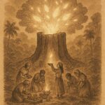 Alt Text: Parchment-style illustration of villagers offering food and songs to the sacred silk-cotton tree, Afro-Caribbean folklore.