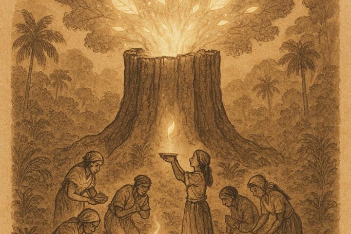 Alt Text: Parchment-style illustration of villagers offering food and songs to the sacred silk-cotton tree, Afro-Caribbean folklore.