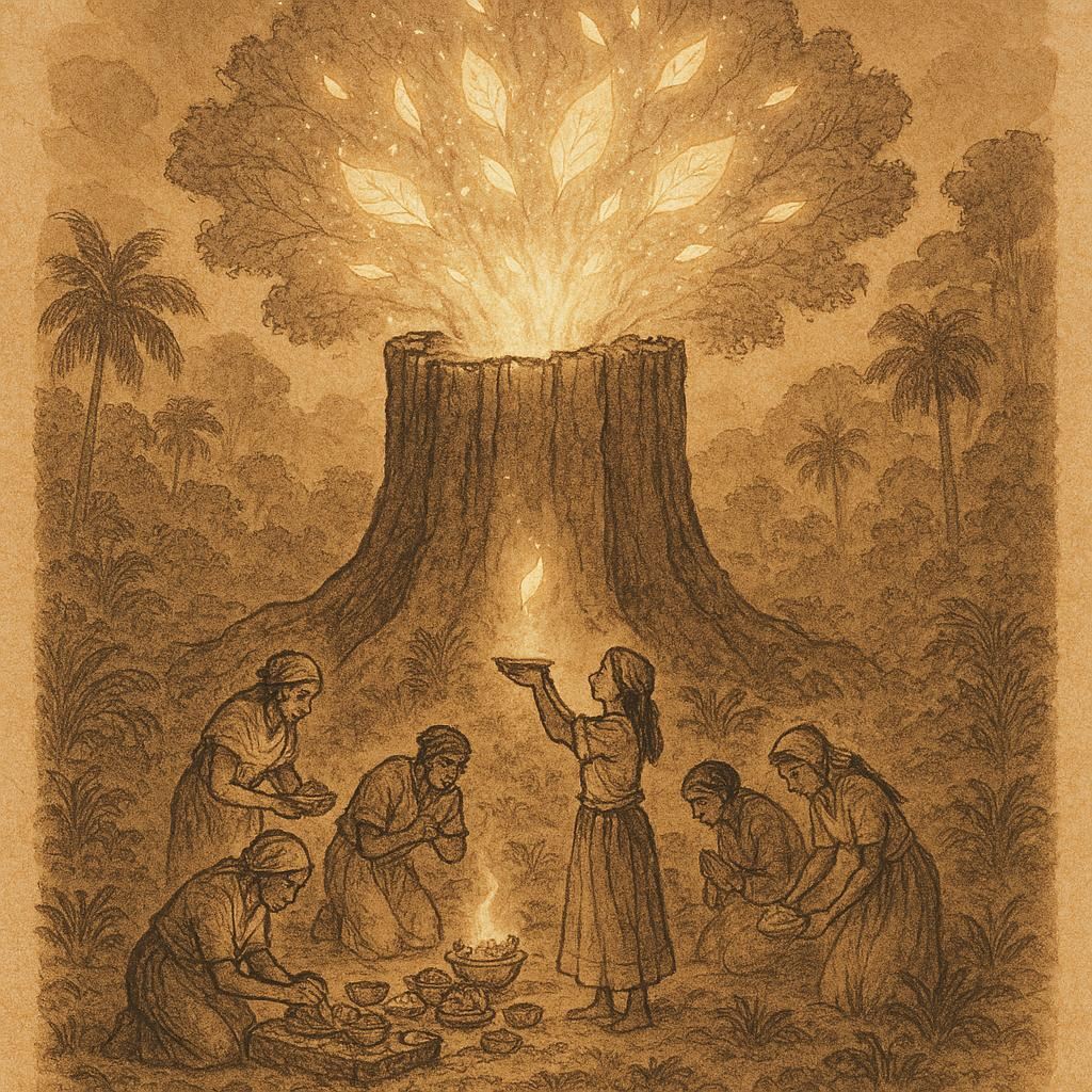 Alt Text: Parchment-style illustration of villagers offering food and songs to the sacred silk-cotton tree, Afro-Caribbean folklore.