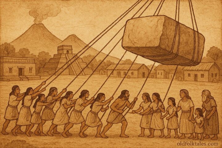 Villagers carrying a sacred stone together, Mesoamerican folklore scene from Mexico.