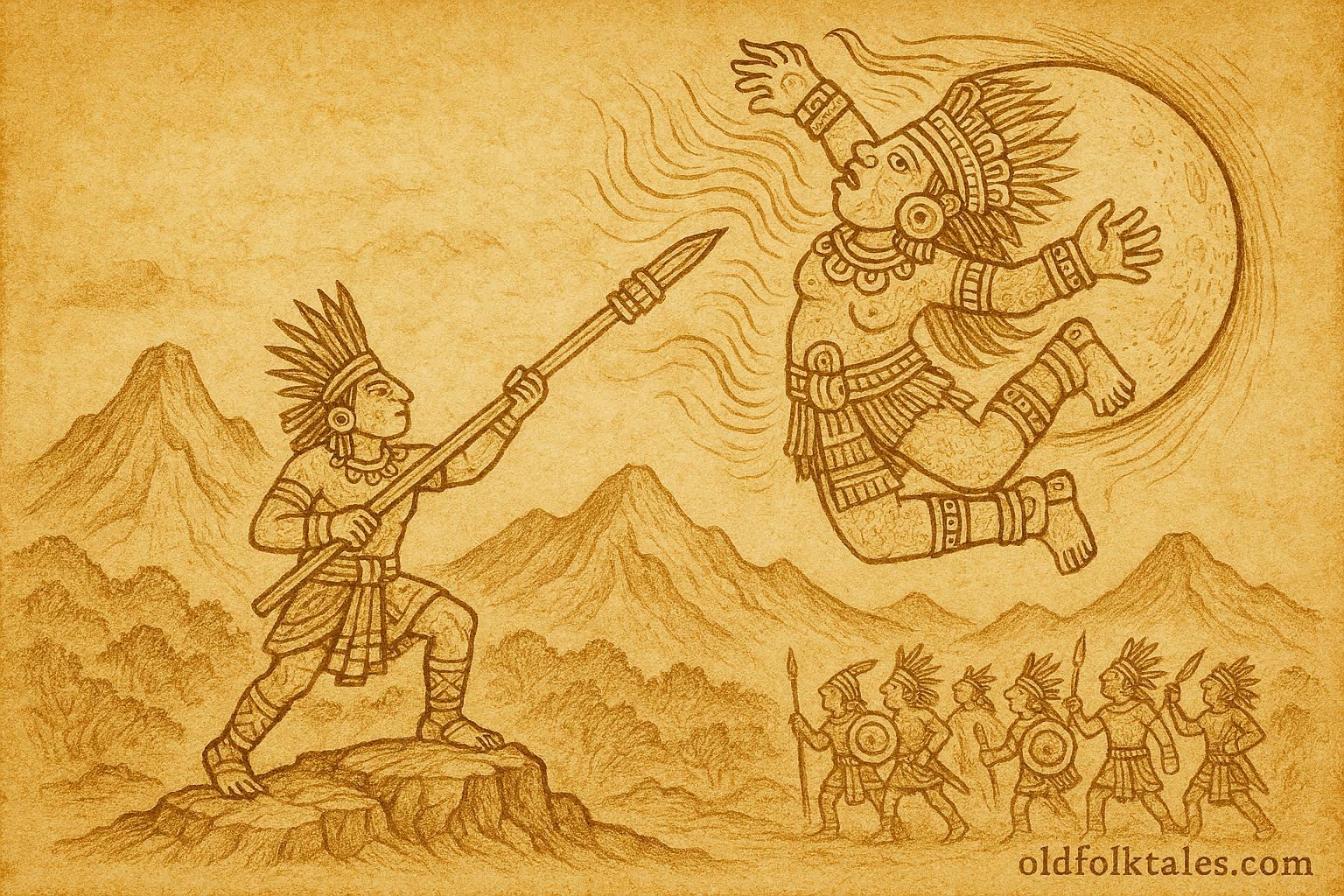 Parchment-style illustration of Coyolxauhqui struck by Huitzilopochtli, moon formation, Aztec folklore, Mexico.