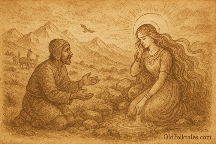 Sepia-toned parchment illustration of a Quechua folktale scene. In the high Andes, shepherd Acachi kneels respectfully on the left, wearing a traditional chullo hat and poncho, his hands outstretched toward a radiant celestial maiden. Chaska Quyllur, daughter of the Sun, kneels beside a mountain spring on the right, her long flowing hair glowing with light, halo around her head, and ornate dress shimmering in sepia tones. She touches the water with one hand while brushing away a tear with the other, gazing warmly at the shepherd. Behind them, llamas graze on rugged slopes, snow-capped peaks rise in the distance, and a condor soars overhead. At the bottom right corner, the words “OldFolktales.com” are inscribed.