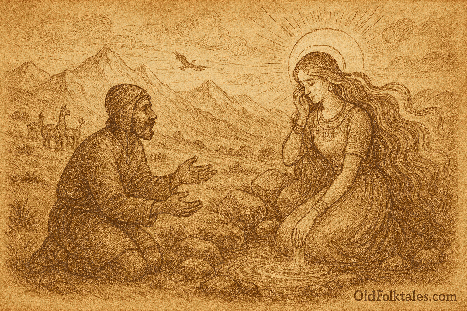 Sepia-toned parchment illustration of a Quechua folktale scene. In the high Andes, shepherd Acachi kneels respectfully on the left, wearing a traditional chullo hat and poncho, his hands outstretched toward a radiant celestial maiden. Chaska Quyllur, daughter of the Sun, kneels beside a mountain spring on the right, her long flowing hair glowing with light, halo around her head, and ornate dress shimmering in sepia tones. She touches the water with one hand while brushing away a tear with the other, gazing warmly at the shepherd. Behind them, llamas graze on rugged slopes, snow-capped peaks rise in the distance, and a condor soars overhead. At the bottom right corner, the words “OldFolktales.com” are inscribed.