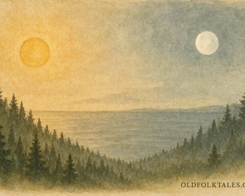 illustration of the Sun and Moon dividing the sky, Salish folktale scene.