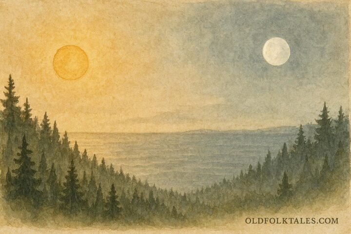 illustration of the Sun and Moon dividing the sky, Salish folktale scene.