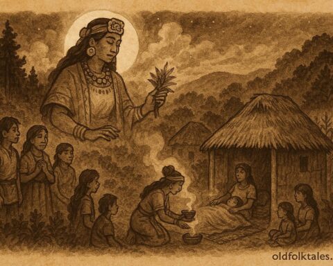 Parchment-style illustration of Ix Chel guiding a midwife in a Mayan village, Mexico.