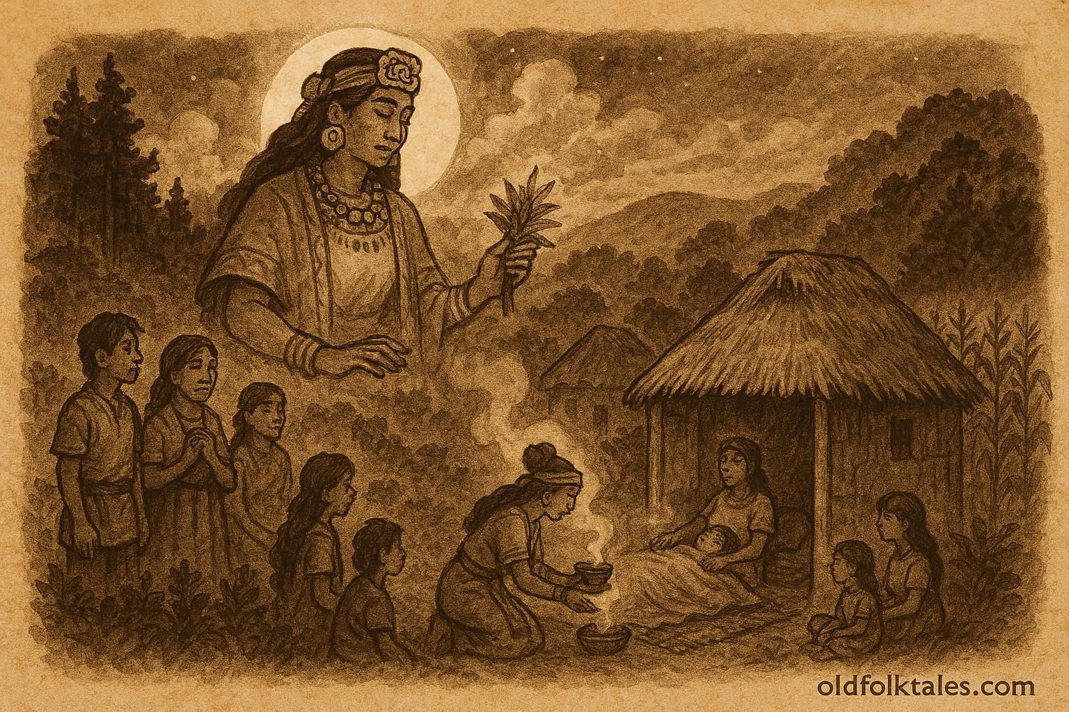 Parchment-style illustration of Ix Chel guiding a midwife in a Mayan village, Mexico.