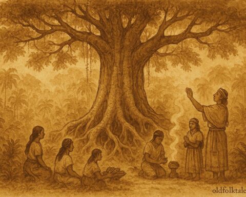Parchment-style illustration of villagers honoring a sacred ceiba tree in a lush Mayan jungle, Mexico.