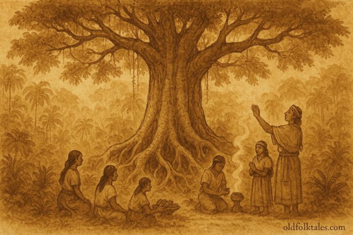 Parchment-style illustration of villagers honoring a sacred ceiba tree in a lush Mayan jungle, Mexico.