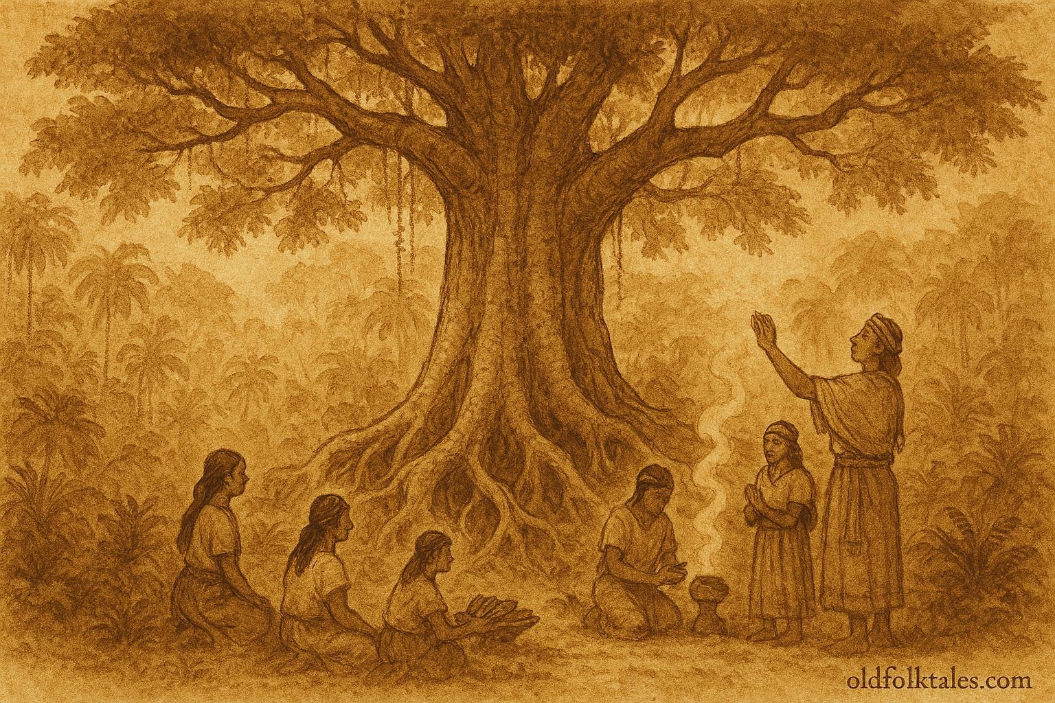 Parchment-style illustration of villagers honoring a sacred ceiba tree in a lush Mayan jungle, Mexico.